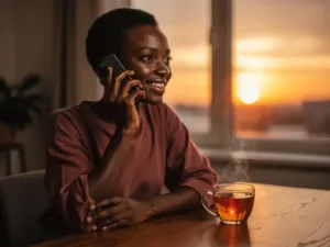 Nigerian woman smiling while on a phone call at dusk, steaming tea on wooden table, warm golden sunset light through window behind her.