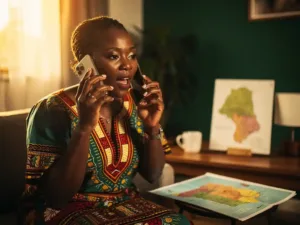 Nigerian woman in colorful traditional attire speaking into a smartphone, with a map of Nigeria on a wooden table, bathed in warm golden light.