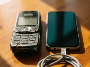 Weathered feature phone beside a modern smartphone on wooden surface, ethernet cable coiled nearby, lit by warm natural window light.