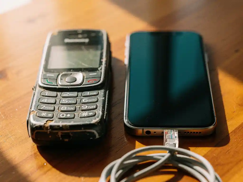 Weathered feature phone beside a modern smartphone on wooden surface, ethernet cable coiled nearby, lit by warm natural window light.