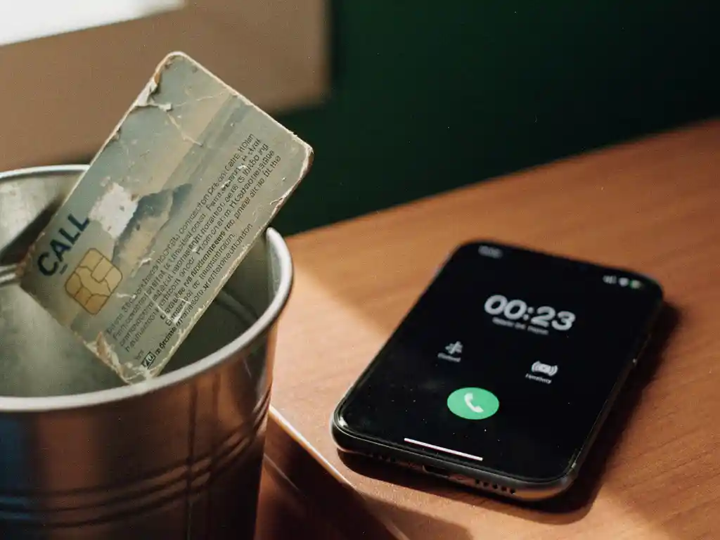 Crumpled phone card with connection fee fine print discarded in a waste bin beside a modern smartphone displaying a call timer on a wooden desk.