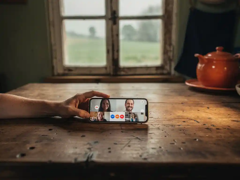 Hand holding a smartphone on a live call in a rustic European farmhouse kitchen, warm amber light beside a misty countryside window.