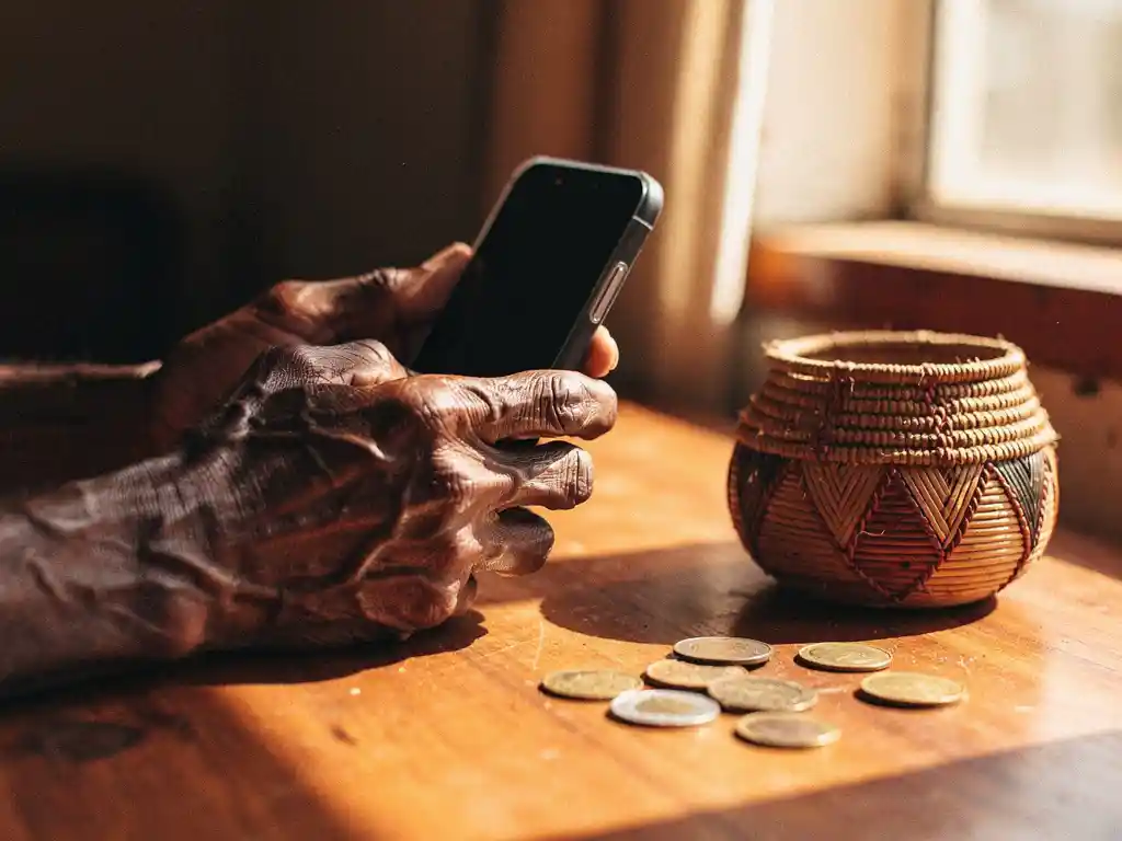 Weathered hand holding a smartphone during an international call, with a South Sudanese woven basket and coins on a warm wooden surface.