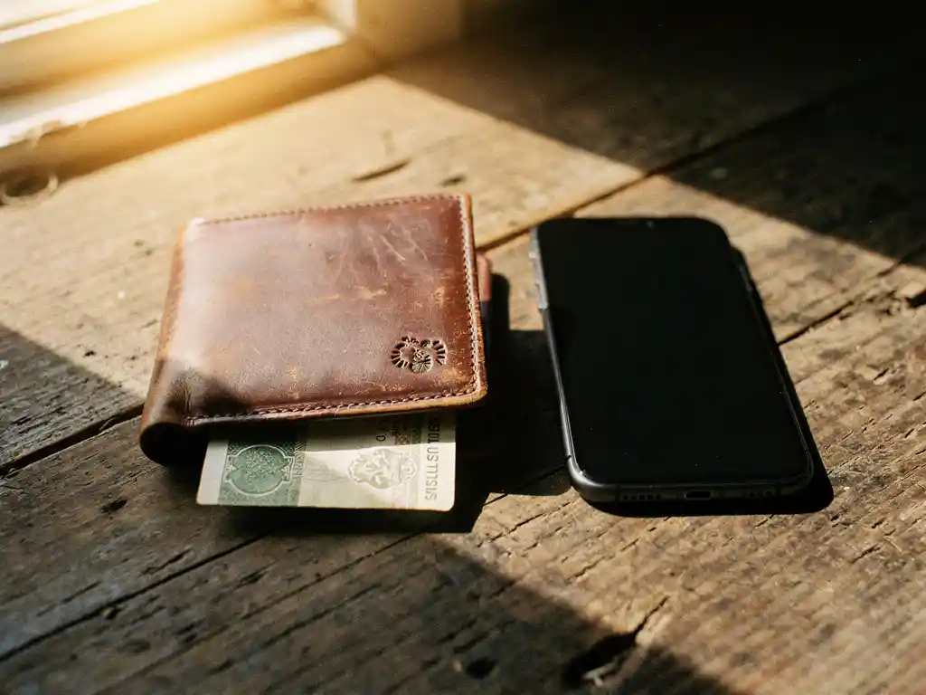 Worn leather wallet and smartphone on weathered wood with a South Sudanese pound note, bathed in warm golden window light.
