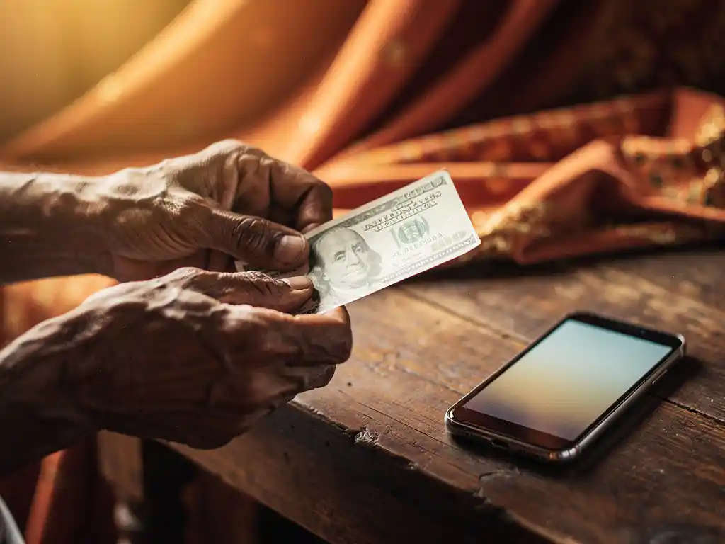 Weathered hands exchanging a banknote over a wooden table beside a glowing smartphone, warm amber tones with Sudanese textile fabric in background.