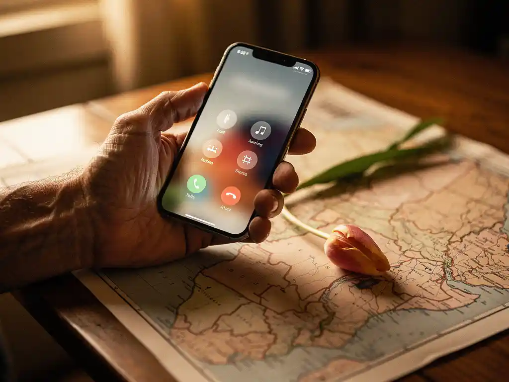 Weathered hand holding a smartphone with a glowing call screen over a map of Sudan on a wooden desk, with a Dutch tulip nearby.