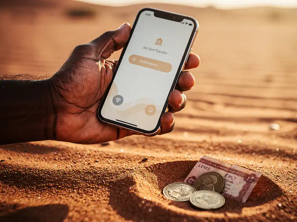 Weathered hand holding a smartphone showing a money transfer confirmation, Sudanese pound coins resting on desert sand in warm golden-hour light.