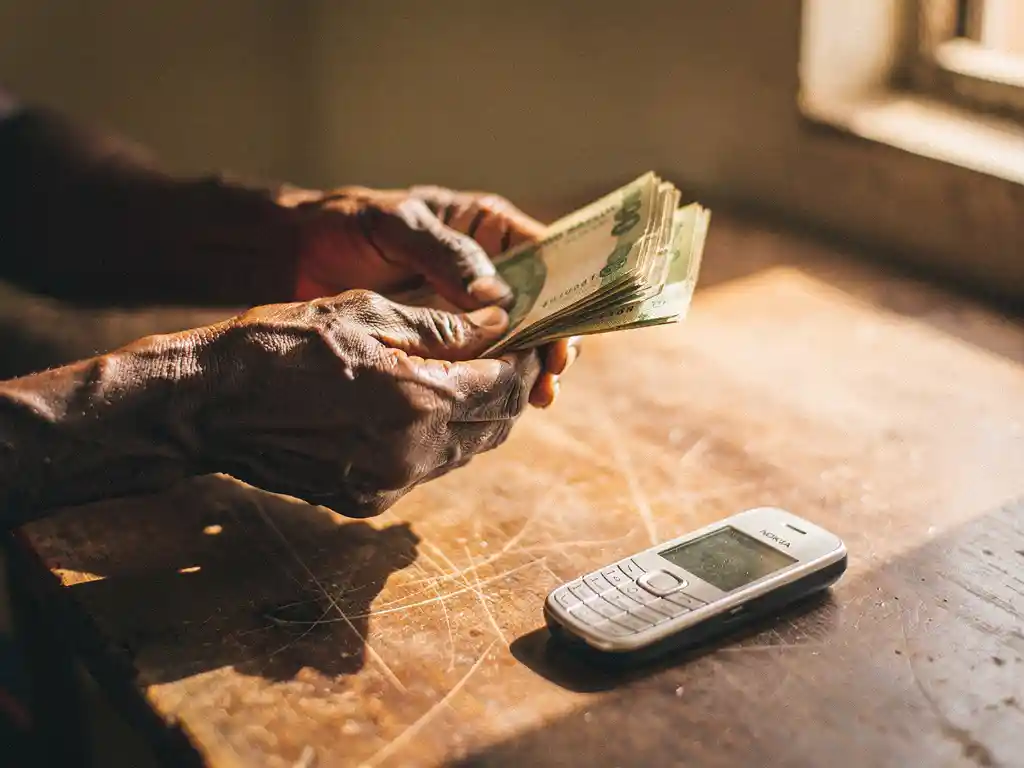 Weathered hands exchanging Sudanese pound notes over a worn wooden table beside an old Nokia phone in warm afternoon light.