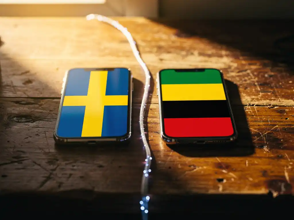 Two smartphones connected by a glowing fiber-optic cable, displaying Swedish and Ugandan flag colors, on a weathered wooden desk in warm golden-hour light.