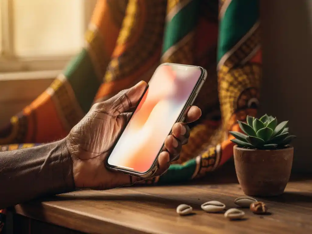 Weathered hand holding a glowing smartphone beside cowrie shells and a succulent on wood, with Tanzanian fabric in warm terracotta and emerald tones.