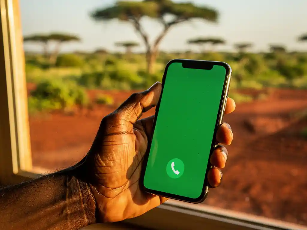 Weathered hand holding a smartphone with a glowing green call screen, sunlit Tanzanian landscape visible through the window behind.