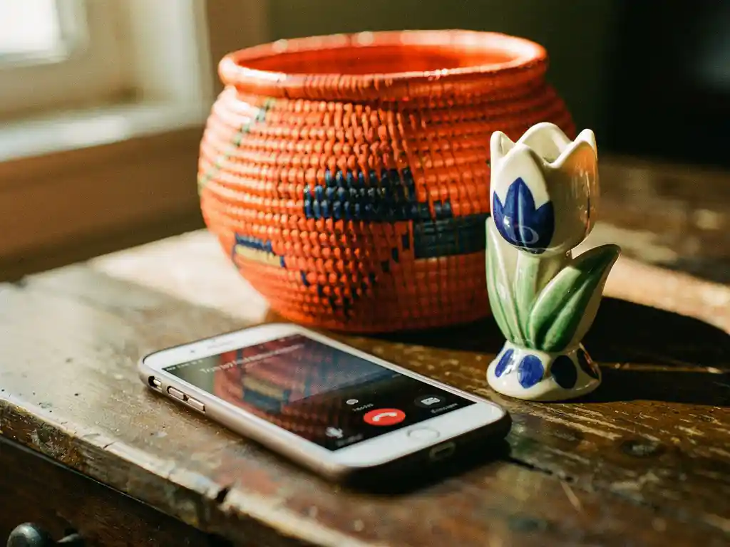 Smartphone mid-call on a worn wooden desk beside a Tanzanian woven basket and Dutch ceramic tulip figurine in warm afternoon light.
