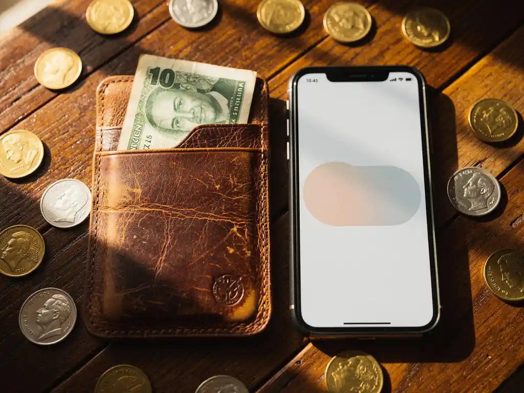 Worn leather wallet open on a sunlit wooden table with a Tanzanian shilling note, smartphone showing money transfer screen, and scattered coins.