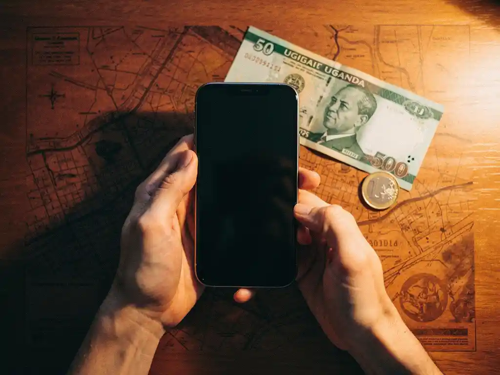 Hands holding a smartphone over a wooden desk with a Ugandan banknote, European coin, and aerial map in warm golden light.