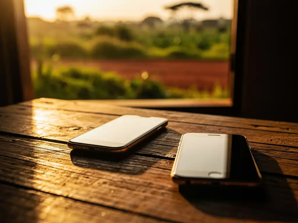 Mobile phone mid-call on a weathered wooden table with a second phone nearby, warm Ugandan landscape glowing through a sunlit window.