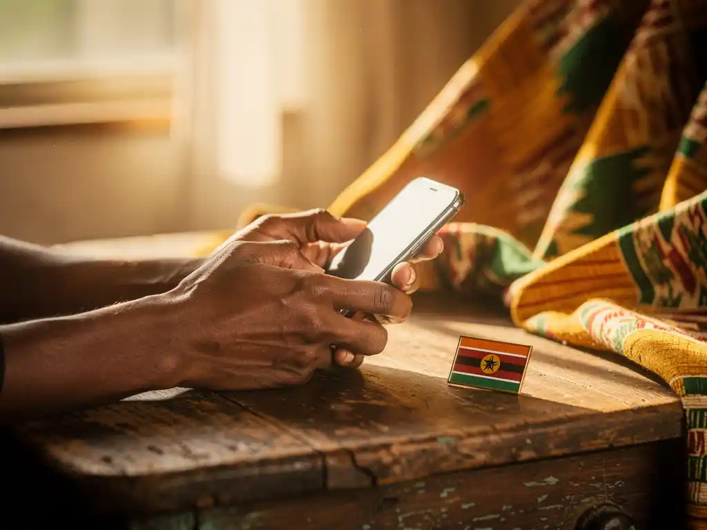 Hands holding a smartphone mid-call on a weathered wooden desk, Ugandan flag pin nearby, kente fabric in warm amber and green tones behind.