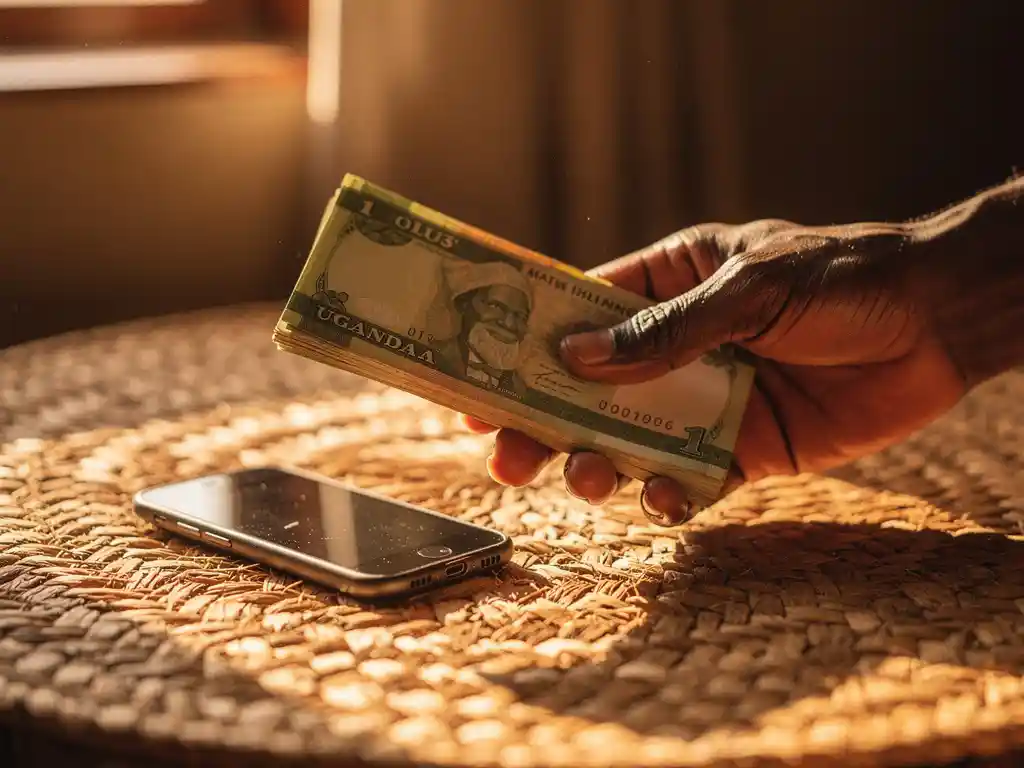 Weathered hand holding Ugandan shilling notes beside a basic mobile phone on a woven straw mat in warm afternoon light.