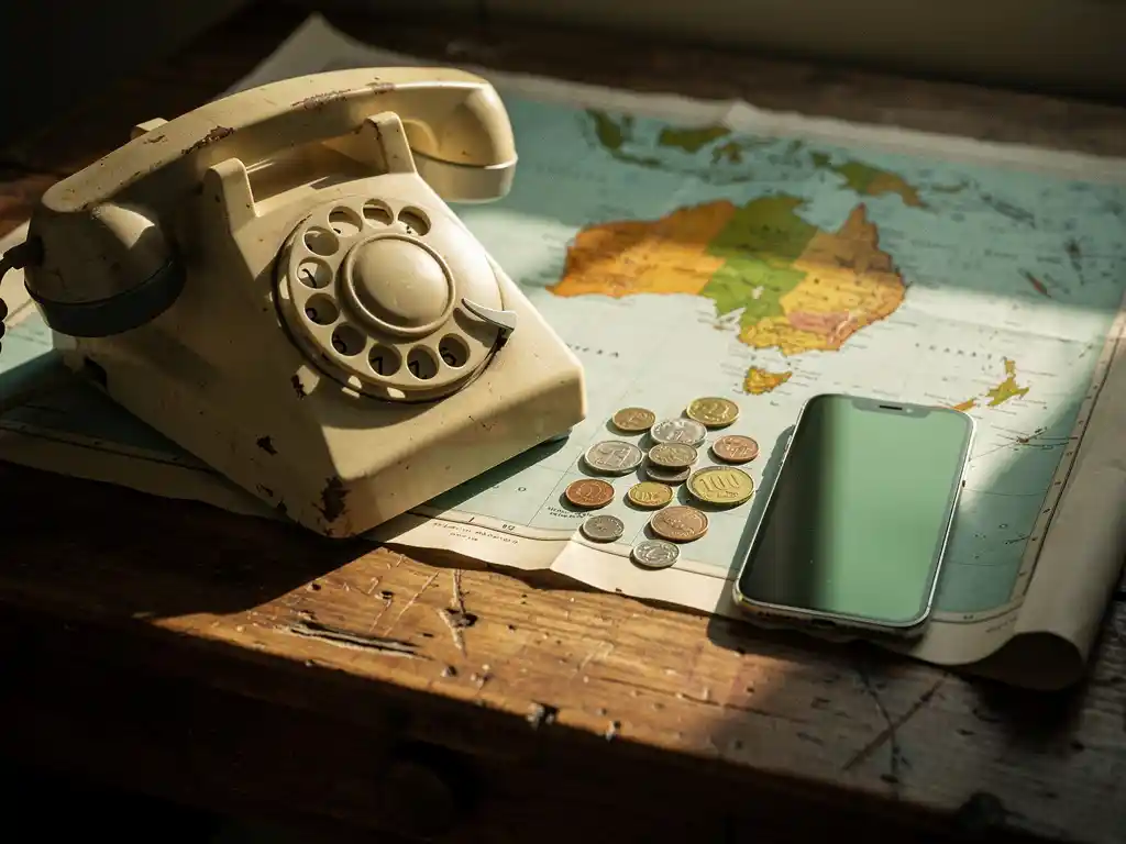 Vintage rotary phone beside a glowing smartphone on a wooden desk, with an Australia-Uganda map and scattered coins beneath warm window light.