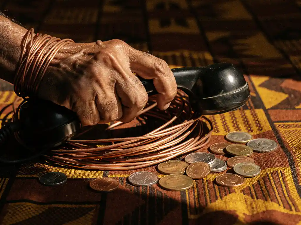 Weathered hand gripping a vintage rotary phone receiver tangled in copper wire coiled around multinational coins on a kente-cloth surface.