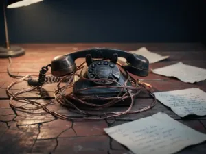 Weathered vintage telephone handset tangled in frayed copper wire on a cracked wooden desk, warm lamp glow casting dramatic shadows over scattered paper notes.
