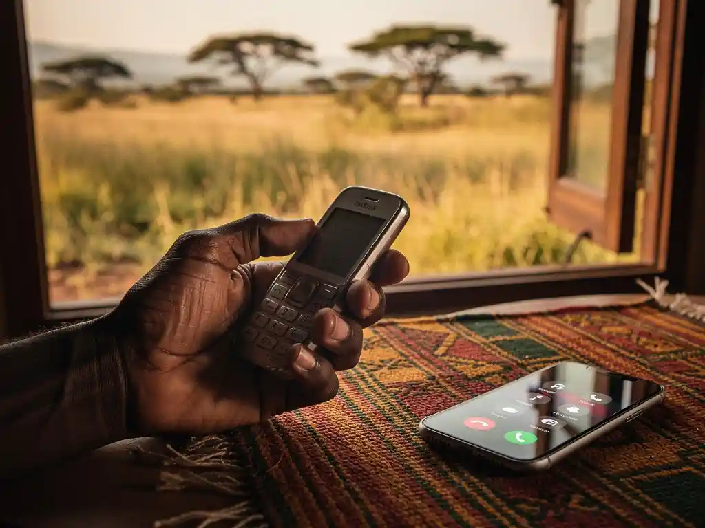 Weathered hand holding a feature phone beside a smartphone on woven African textile, Tanzanian savanna visible through the window.