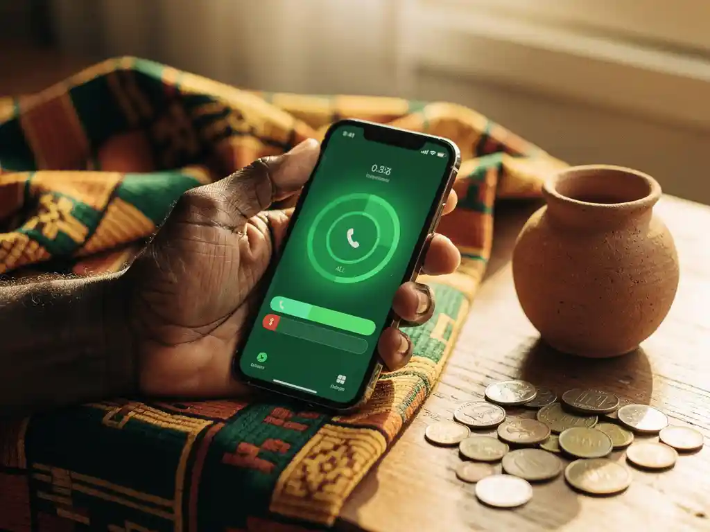 Weathered hand holding a smartphone with a glowing green call timer, kente fabric and clay pot on a sunlit wooden table nearby.