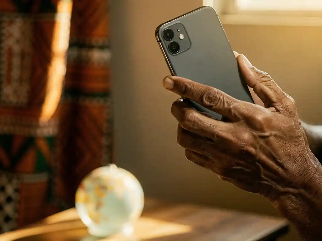 Weathered hand holding a smartphone to an ear, warm African fabric in the background with a globe on a wooden table nearby.