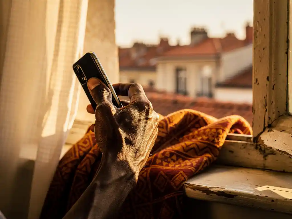 Weathered hand holding smartphone near a sunlit window draped with African textile, terracotta rooftops visible below in warm afternoon light.