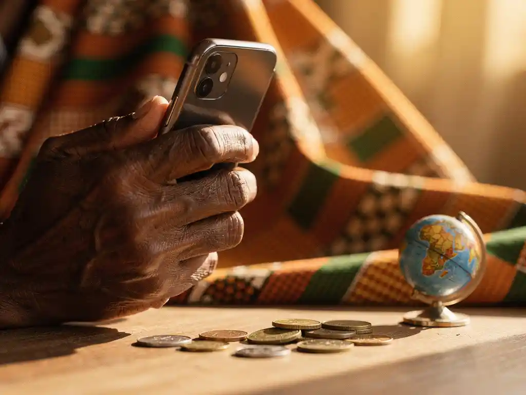 Weathered hand holding smartphone near ear with colorful Ghanaian kente fabric, coins, and small globe on wooden surface in warm golden light.