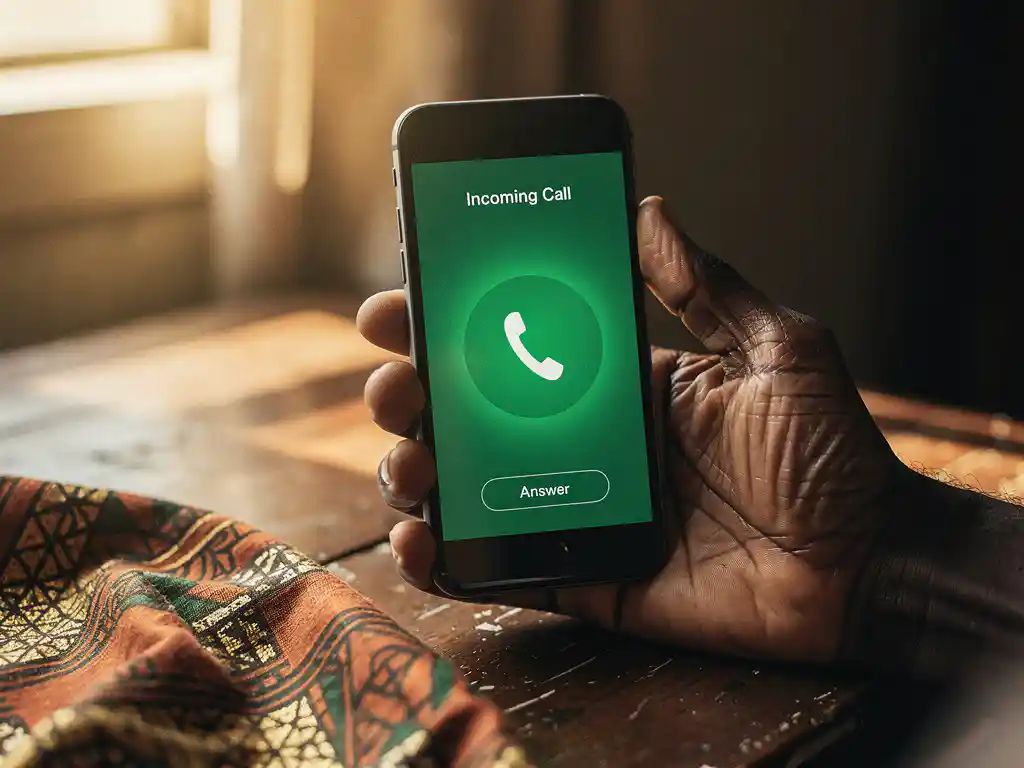 Weathered hand holding a smartphone with a glowing green call screen, warm African-print fabric and golden afternoon light in the background.