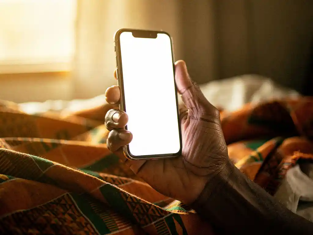 Weathered hand holding a glowing smartphone, vibrant kente cloth in the background, warm golden light suggesting cross-continental connection.