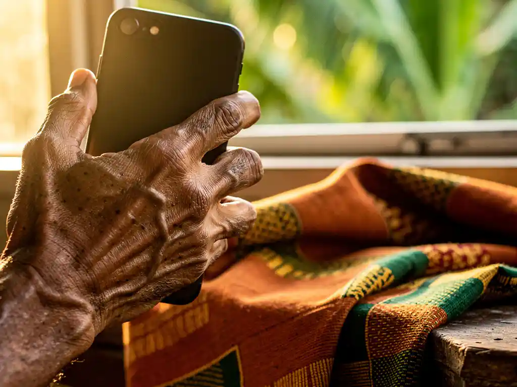Weathered hand holding a smartphone to an ear, warm afternoon light, vibrant Kente cloth on wooden surface, tropical foliage in background.