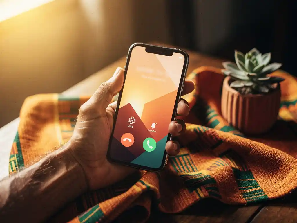 Weathered hand holding a smartphone on an active call, resting on kente-patterned fabric beside a small succulent in warm afternoon light.