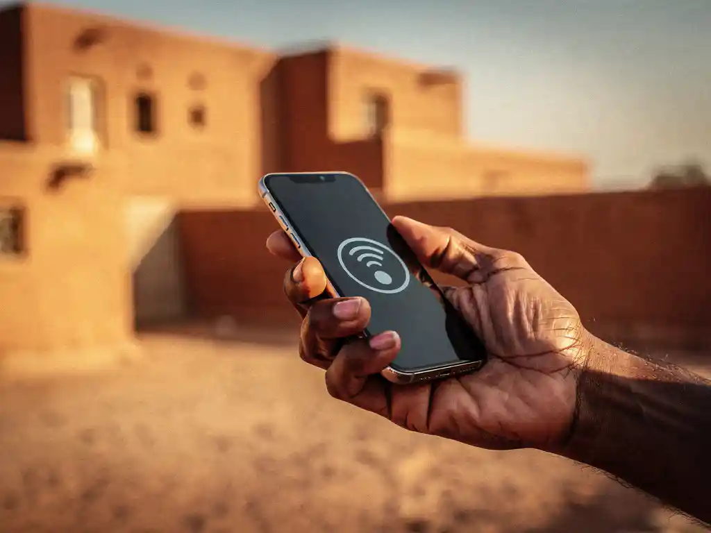 Weathered hand holding a smartphone with full signal bars, warm terracotta mud-brick architecture blurred in golden afternoon light.