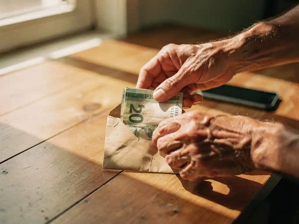 Weathered hands tucking folded banknotes into a worn envelope on a wooden surface, with a mobile phone nearby in warm afternoon light.