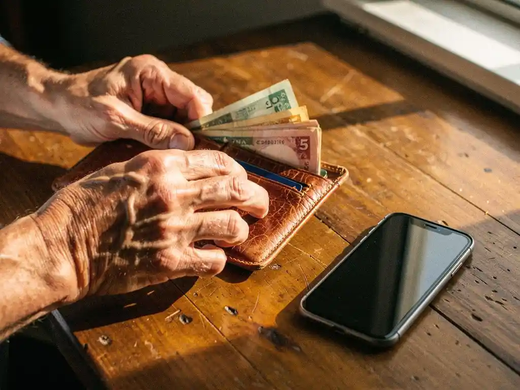 Weathered hands tucking folded banknotes into a worn leather wallet beside a mobile phone on a warm wooden surface.