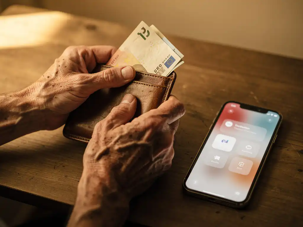 Weathered hands holding an open leather wallet with euro banknotes beside a smartphone showing a money transfer app on a wooden table.