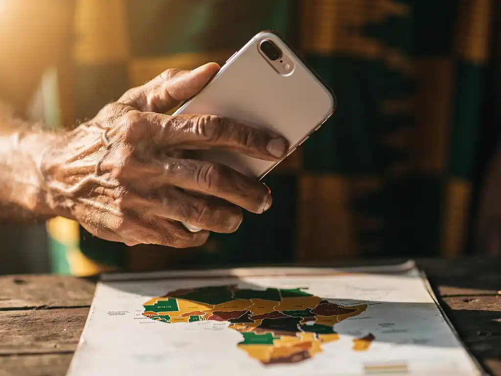 Weathered hand holding a smartphone to the ear, warm Kente-inspired amber and green bokeh, blurred West Africa map on wooden surface below.