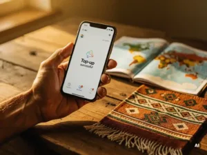 Weathered hand holding a smartphone with airtime top-up confirmation, world map and African textile on a wooden desk in warm golden-hour light.