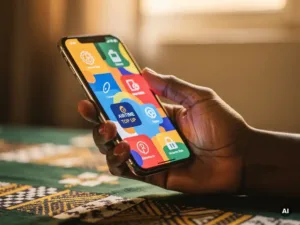 Hand holding a smartphone displaying a vibrant airtime top-up interface, resting above African fabric patterns in warm golden light.