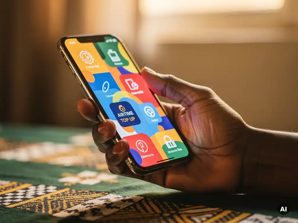 Hand holding a smartphone displaying a vibrant airtime top-up interface, resting above African fabric patterns in warm golden light.