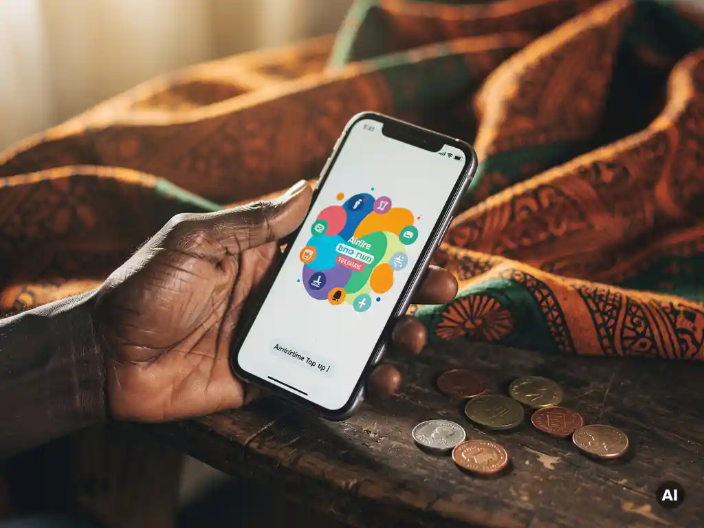 Weathered hand holding a smartphone with an airtime top-up confirmation screen, Zimbabwean coins on wood, warm African textile backdrop.
