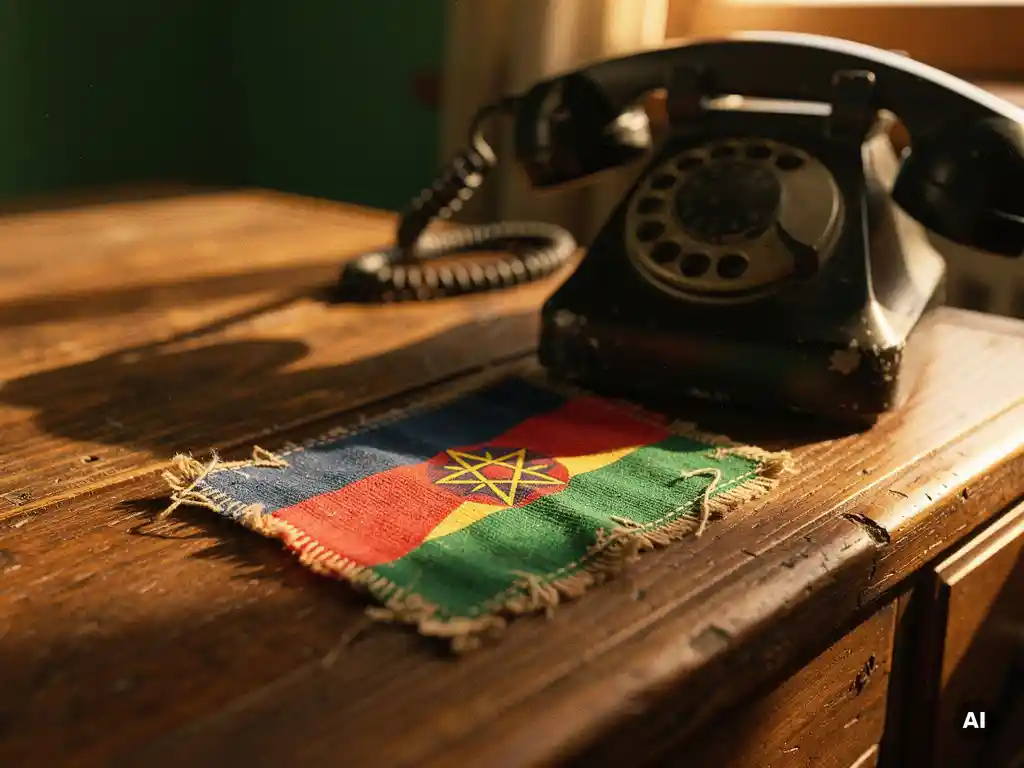 Weathered Ethiopian flag patch on a wooden desk beside a vintage rotary telephone in warm afternoon light.