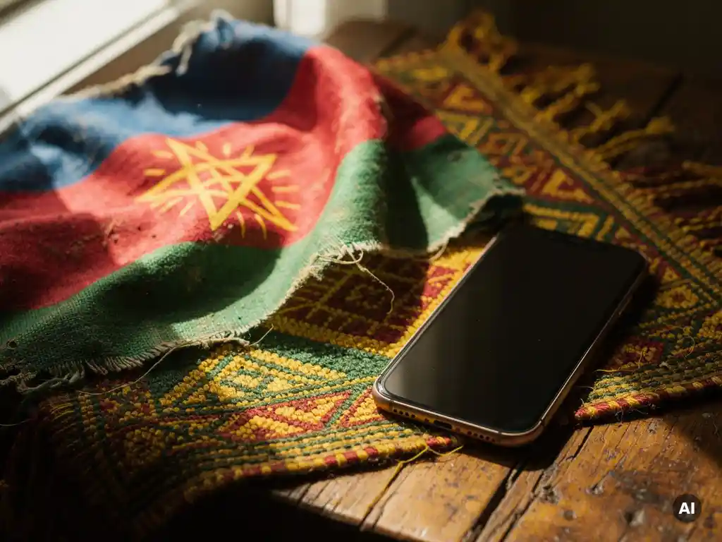Weathered Ethiopian flag draped beside a smartphone on a wooden surface with traditional woven textile, warm green, yellow, and red tones.