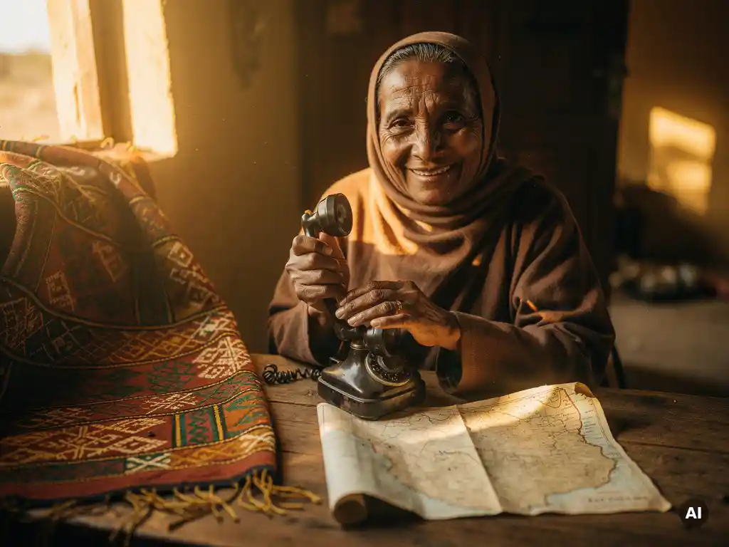Weathered Ethiopian woman smiling warmly, holding a vintage telephone handset beside a faded Ethiopia map in golden-hour light.