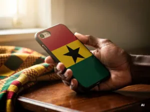 Hand holding a smartphone with a Ghanaian flag phone case completing a mobile top-up, kente cloth draped on wood nearby in warm gold and red tones.