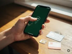 Hand tapping Google Pay on a smartphone beside a prepaid SIM card and airtime voucher on a wooden surface.