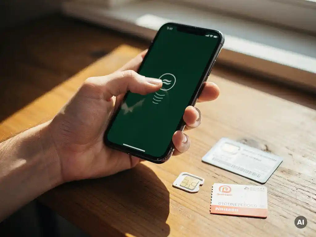 Hand tapping Google Pay on a smartphone beside a prepaid SIM card and airtime voucher on a wooden surface.