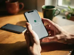 Hands holding a smartphone mid-airtime transfer, second phone resting on warm wooden surface in soft natural light.