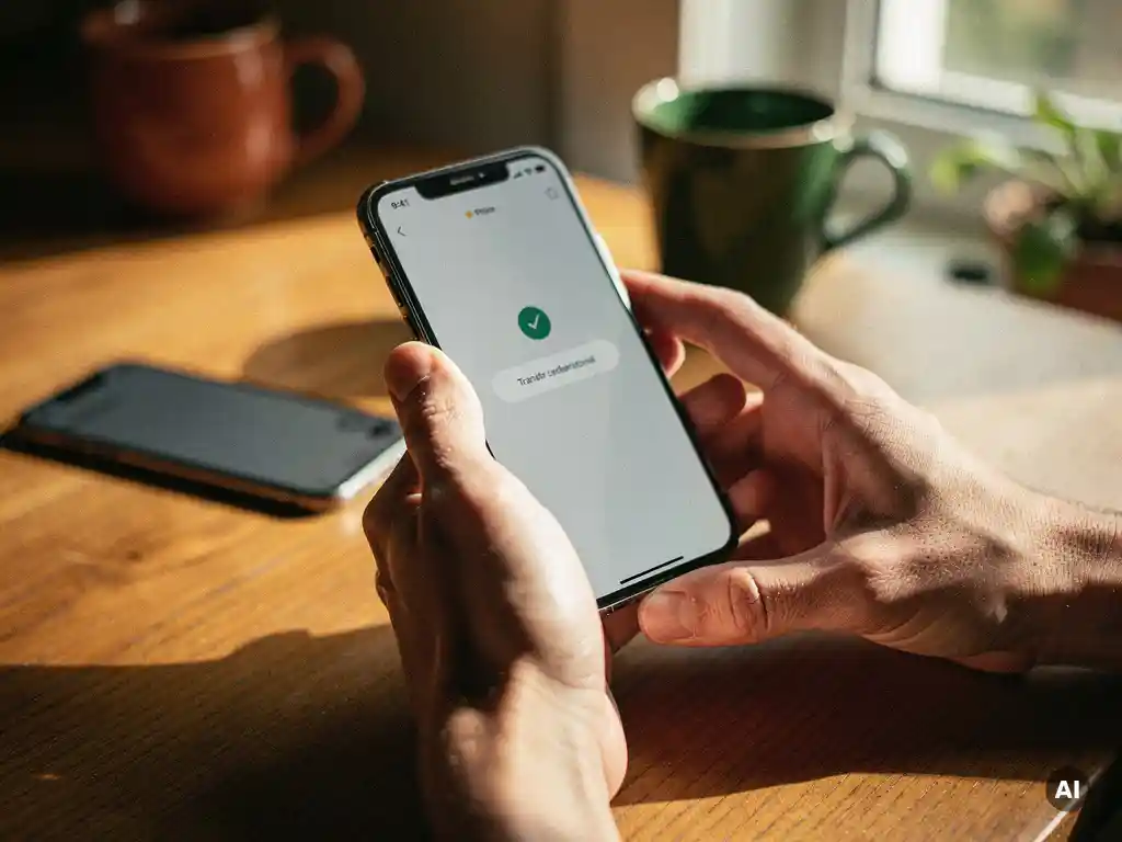 Hands holding a smartphone mid-airtime transfer, second phone resting on warm wooden surface in soft natural light.